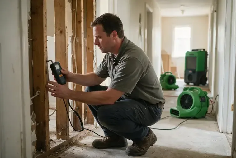 A technician checking an opened wall with a moisture meter during a water damage dry-out