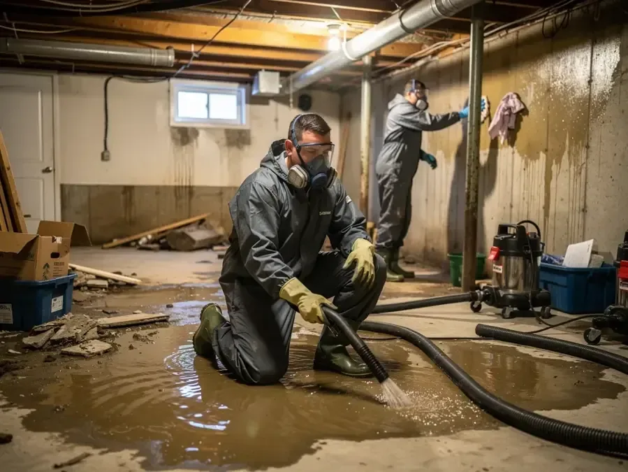 Air movers drying a lower level room after heavy rain
