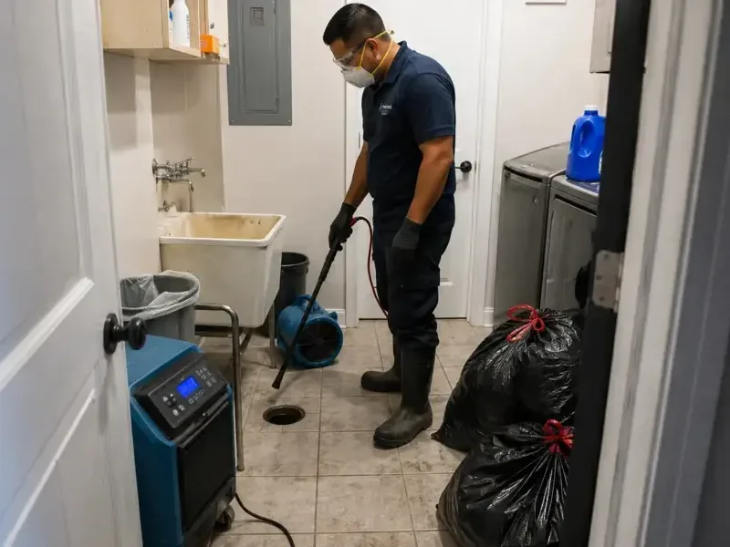 A technician extracting water from a laundry room floor after a washing machine leak