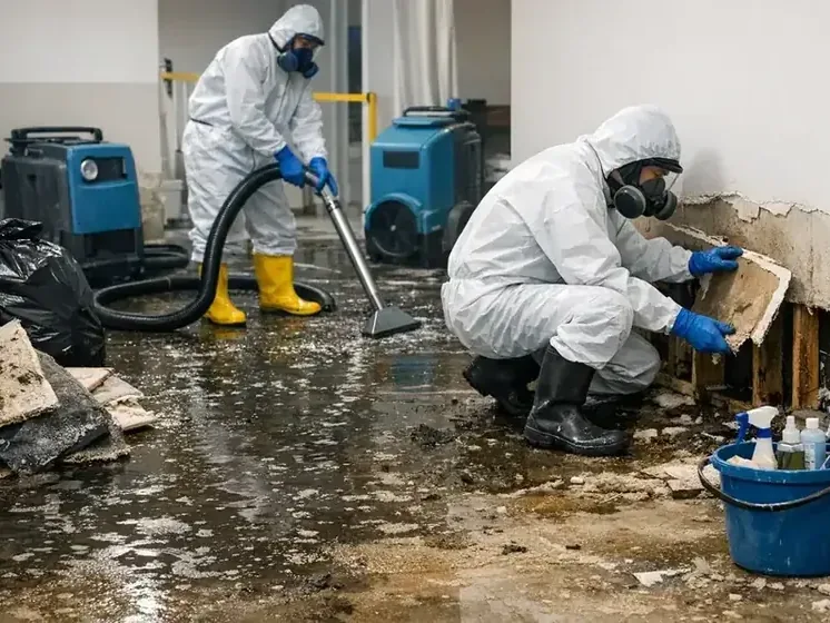 Workers in protective suits and respirators cleaning up a sewage backup