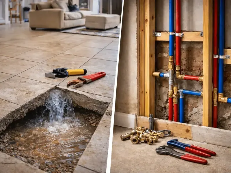Water rising through a cut-open section of a tiled slab floor at a slab leak