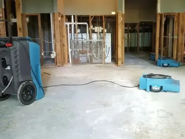 An LGR dehumidifier and an air mover drying a room with the walls opened